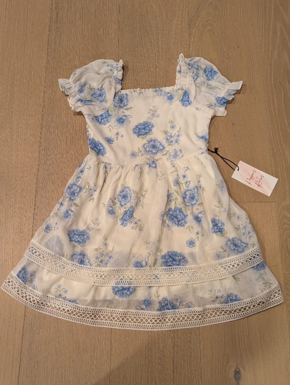 White Dress with Blue Floral Print and Lace Trim - Kids Casual